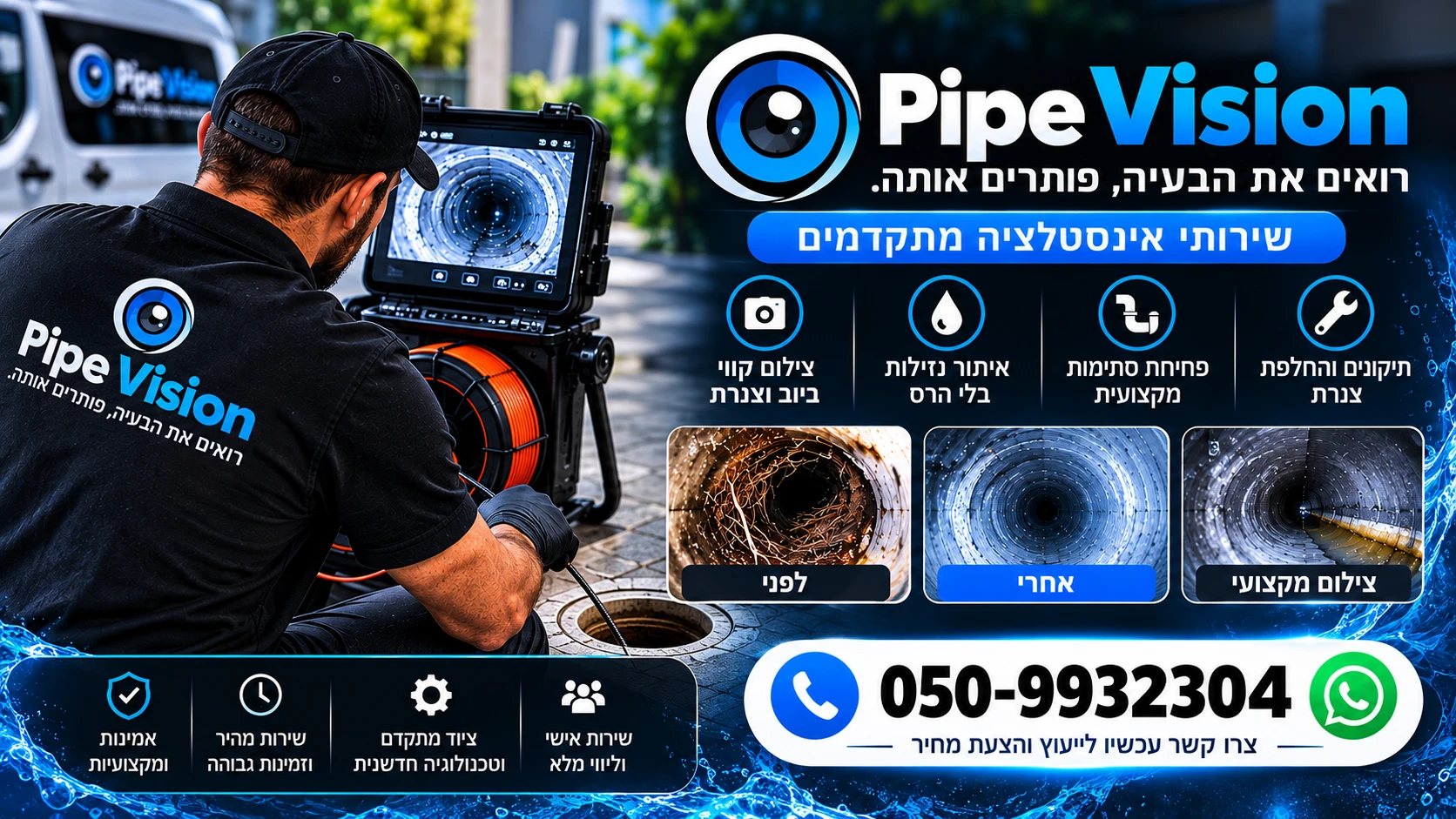 PipeVision – צילום קווי ביוב במצלמה, איתור נזילות, פתיחת סתימות ותיקוני צנרת. טלפון 050-9932304